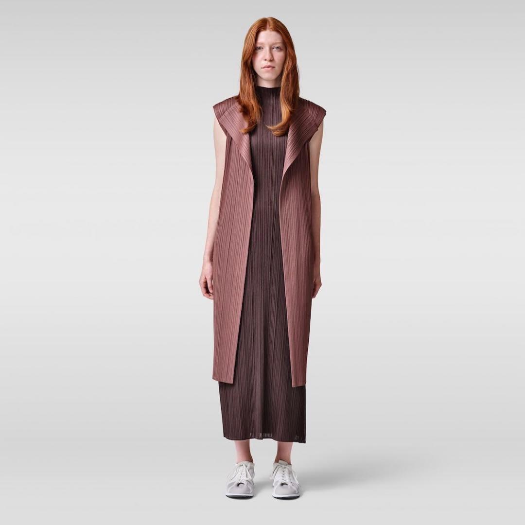 PLEATSPLEASE イッセイミヤケ　ロングジレ　近年モデル　赤茶色　3