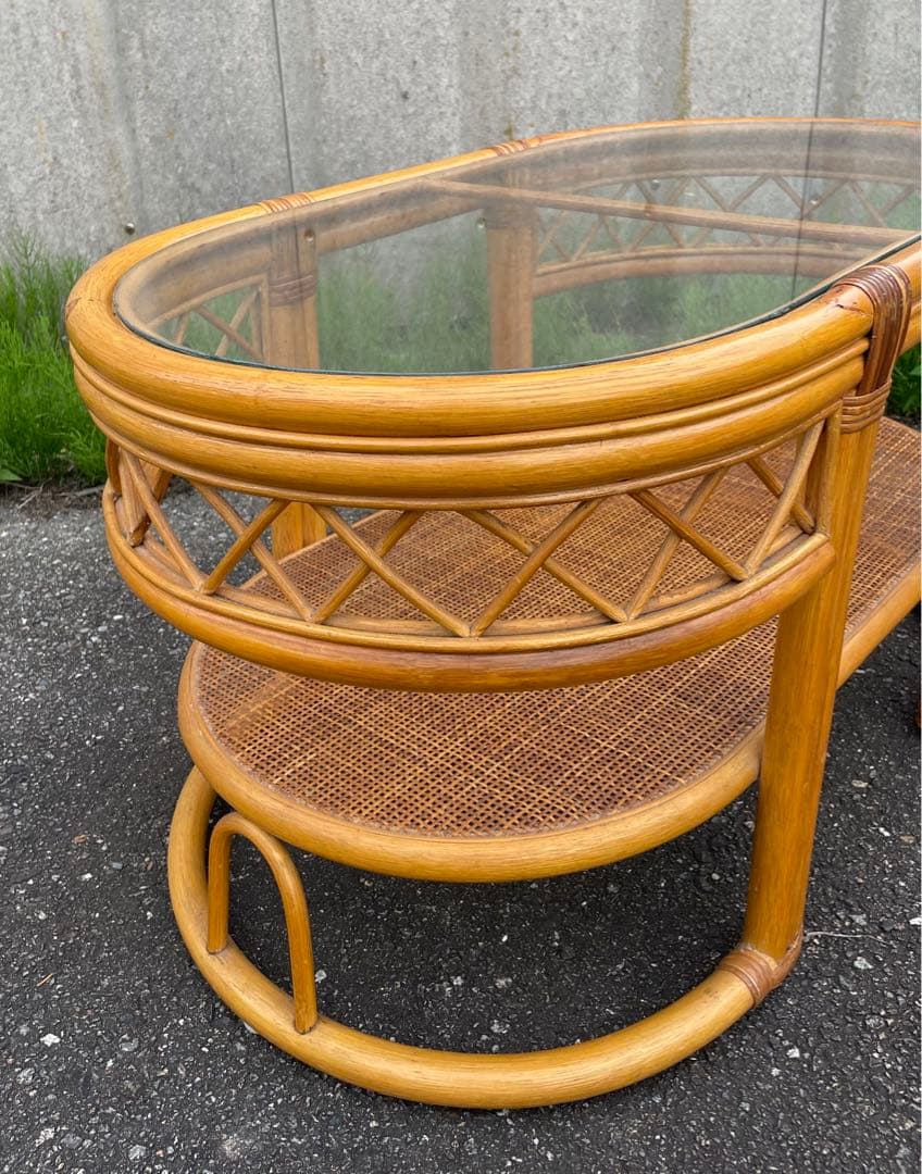 ビンテージ/ラタン/ラタン家具/籐家具/ガラステーブル/センターテーブル/楕円