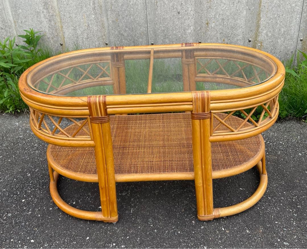 ビンテージ/ラタン/ラタン家具/籐家具/ガラステーブル/センターテーブル/楕円