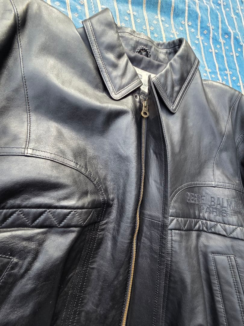 090　PIERRE BALMAIN ブラックレザーシングルライダースジャケット