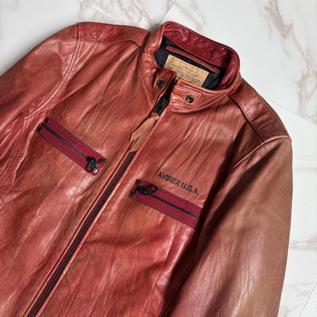 希少◆AVIREX レザー シングル ライダース ジャケット Lサイズ 赤