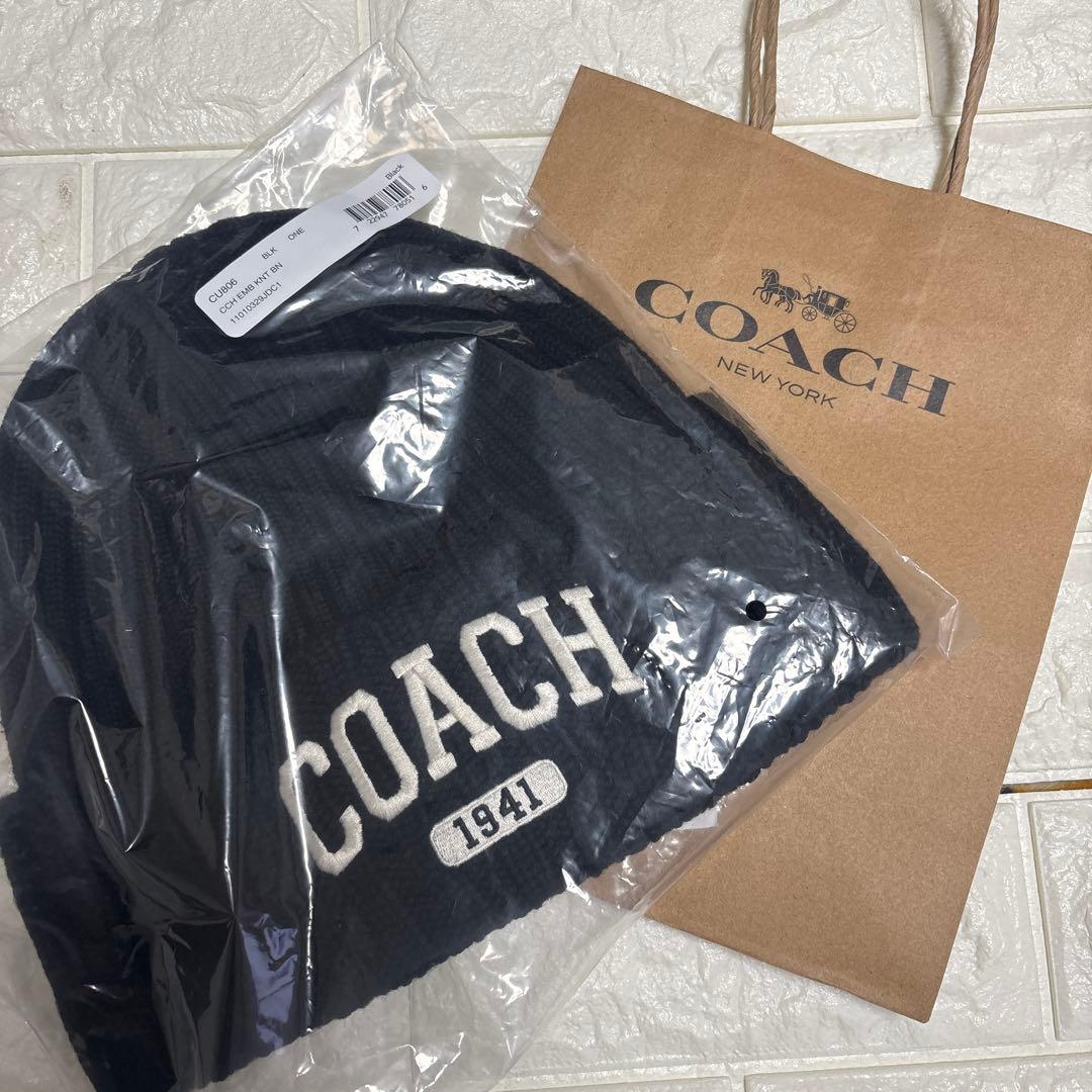 COACH ブランドロゴ ニット帽 ブラック