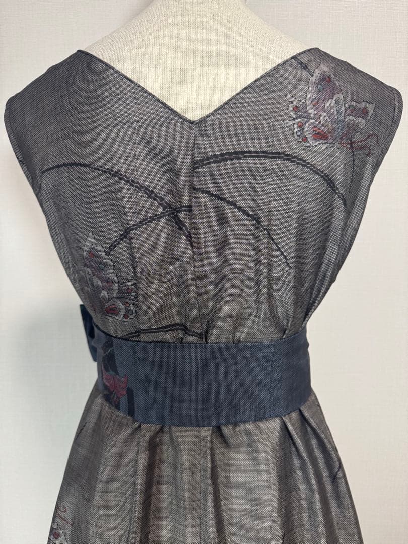 着物リメイク9マルキ大島紬裾切り替えロングフレアワンピース（後ろVネック）127