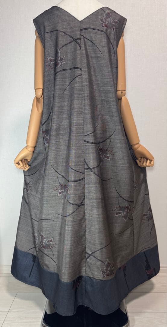 着物リメイク9マルキ大島紬裾切り替えロングフレアワンピース（後ろVネック）127