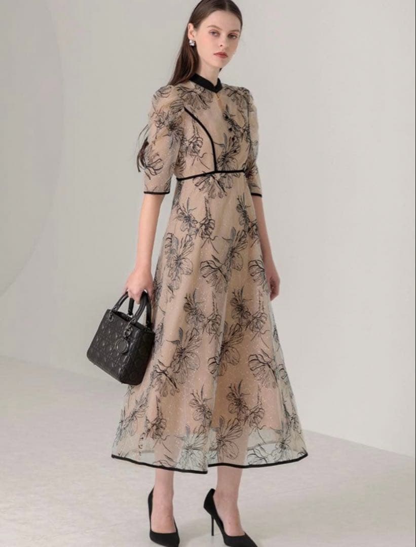 パイピングハイネック花柄ラメレースワンピースドレス結婚式二次会パーティー成人式