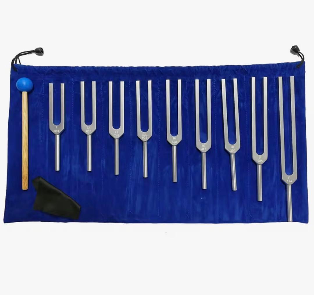 音叉セット10点　シルバーチューニングフォークと マレット　ポーチ付　音楽療法用