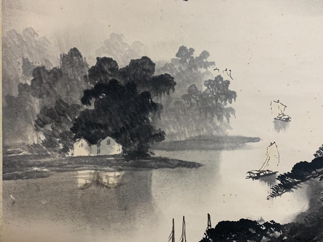 梁栄中 雲山紅帆 山水図 紙本 大幅 掛軸 中国画 396