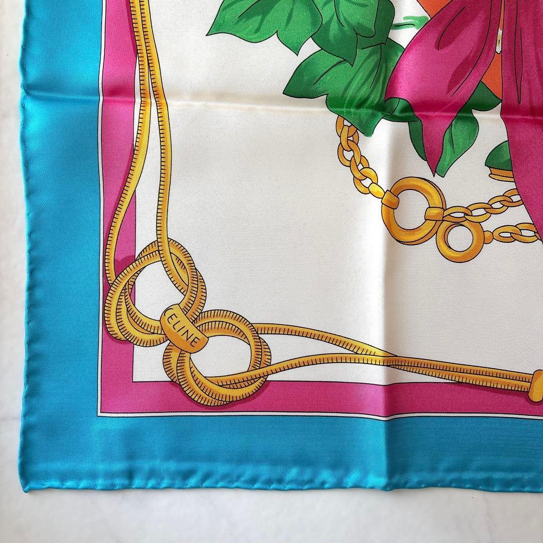 未使用 セリーヌ イースターエッグ柄 シルクスカーフ リボン チェーン