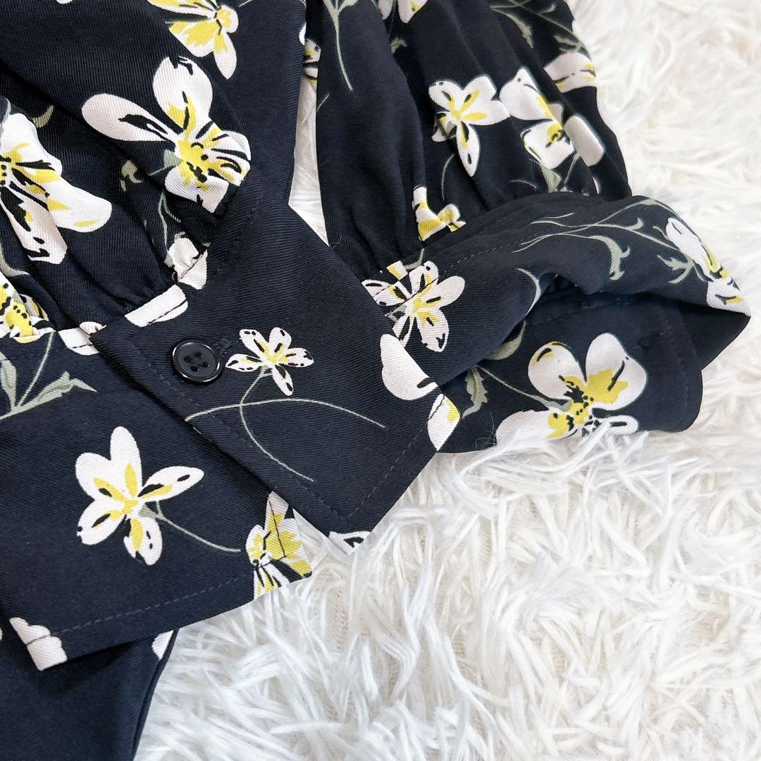 【美品/ナラカミーチェ】花柄リボン衿ワンピース 総柄 ロング 7分袖 ネイビー