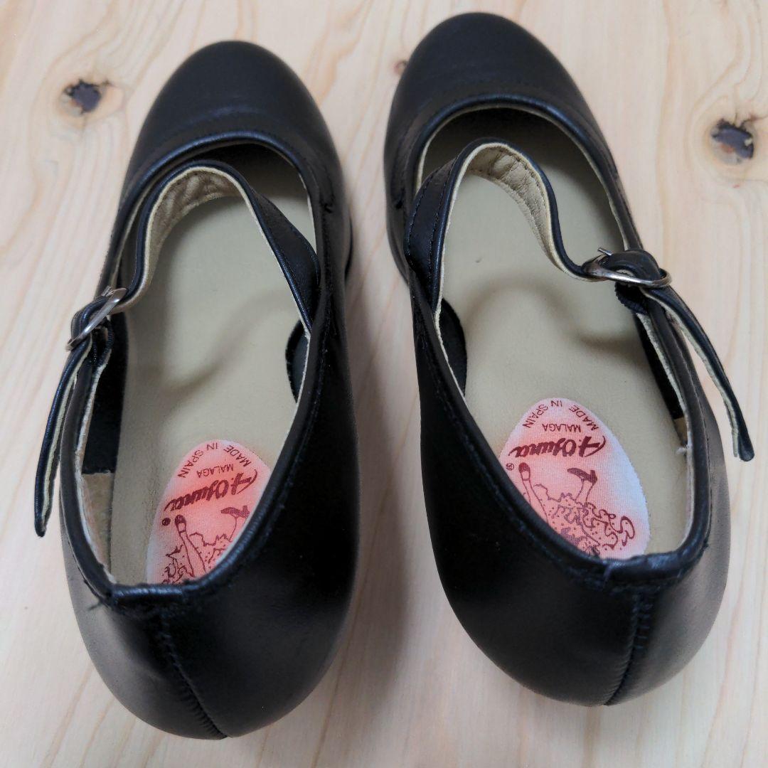 メイドインスペイン黒色ベルト革系フラメンコ中古美品ヒール靴エスパーニャサイズ37