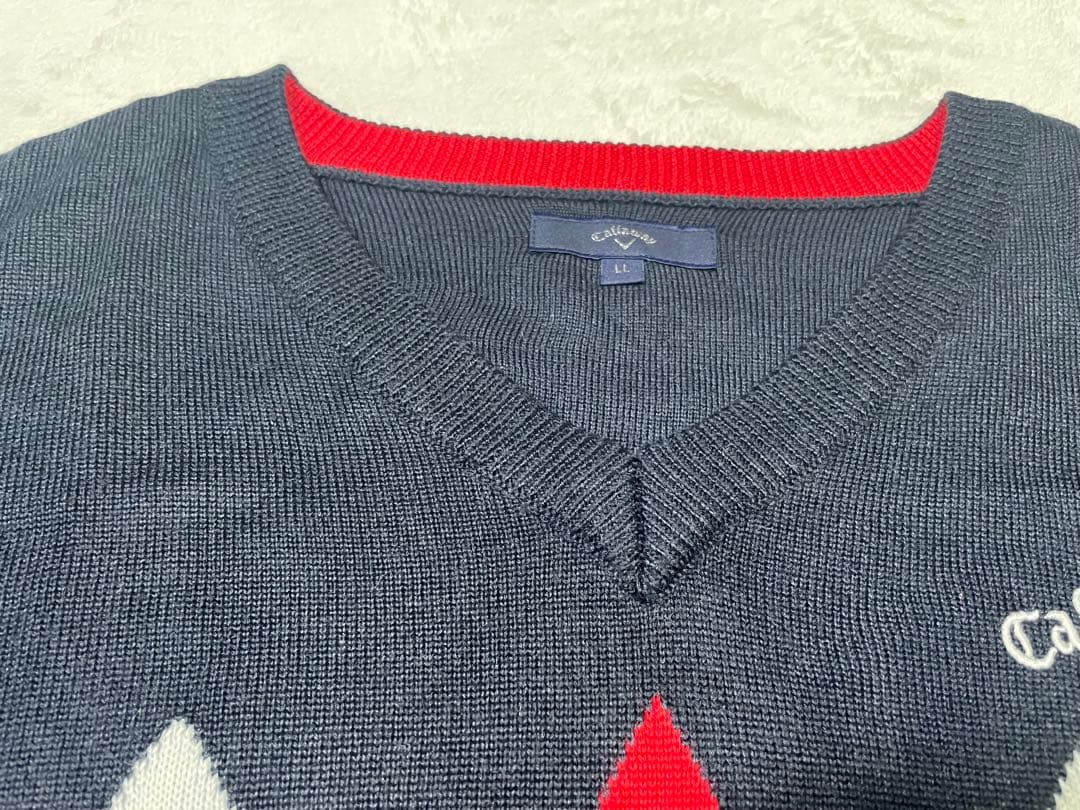 レオレオ美品 キャロウェイ 長袖ニットアーガイル調セーター ネイビー LL