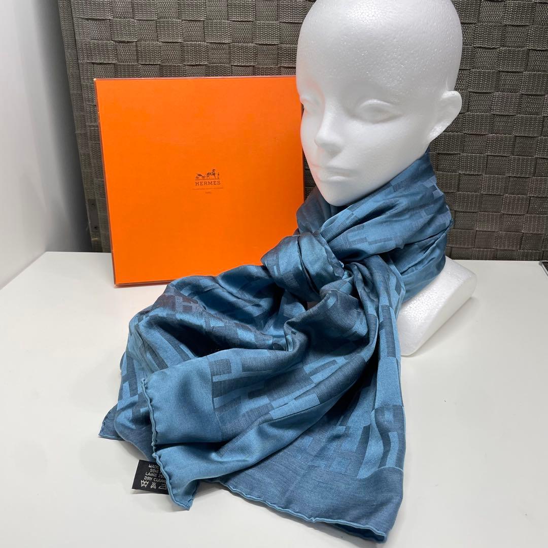 き*し様 HERMES ブルー H柄模様 スカーフ　エルメス