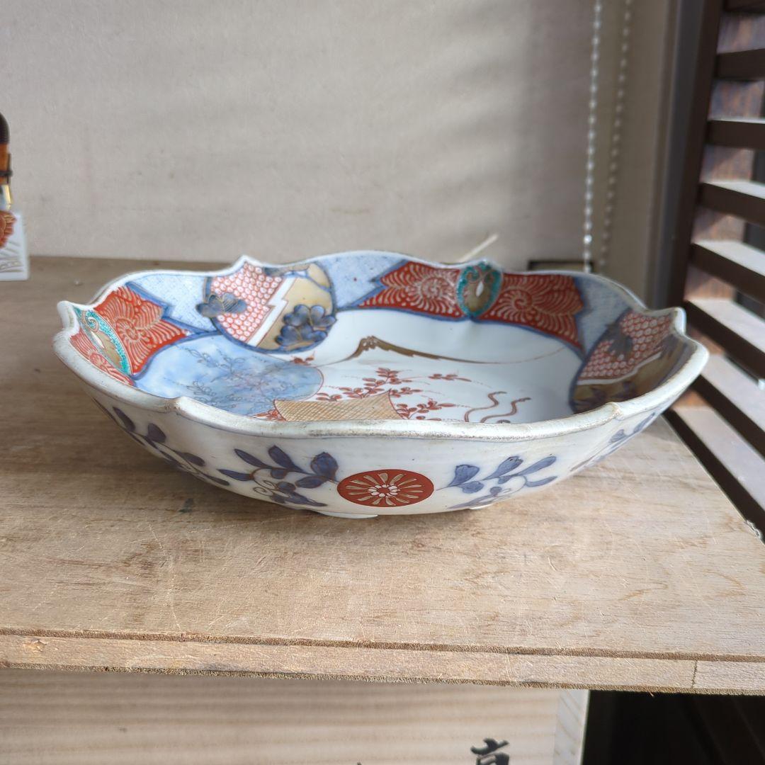 骨董 伊万里 色絵 花弁 金彩 脚付 盛り皿 飾り皿 アンティーク 富士山 花車