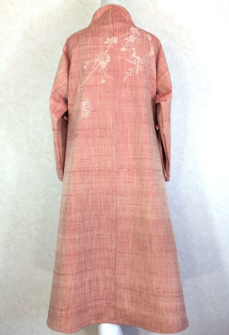 338　手染め大輔　着物リメイク　桜色紬　桜柄染　ワンピース　L〜フリーサイズ