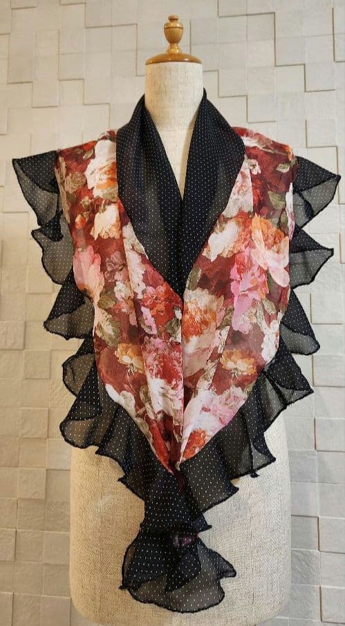 ハンドメイド フラメンコ衣装 新品 シージョ・エプロン 赤系 花柄 黒×白水玉