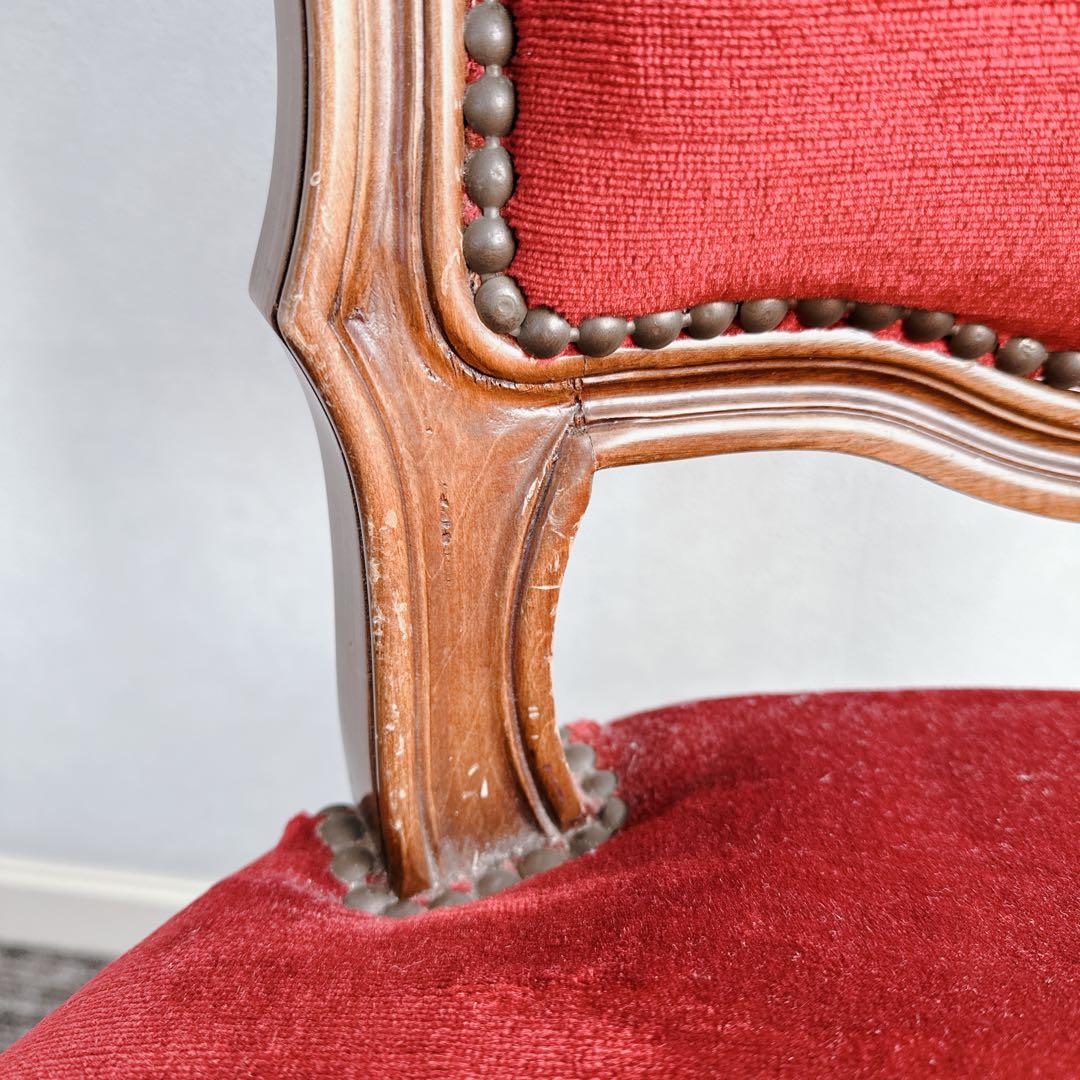 ロココ調 木製椅子 ベロア調 赤 猫脚 猫足 アンティーク チェア ②