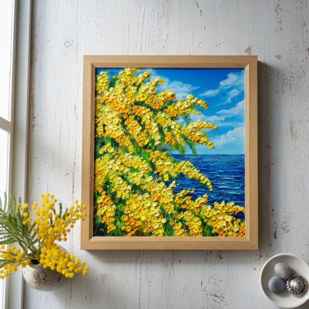 【お客】油絵 絵画【ミモザの海】原画 額縁・ラッピング付 春の風景画