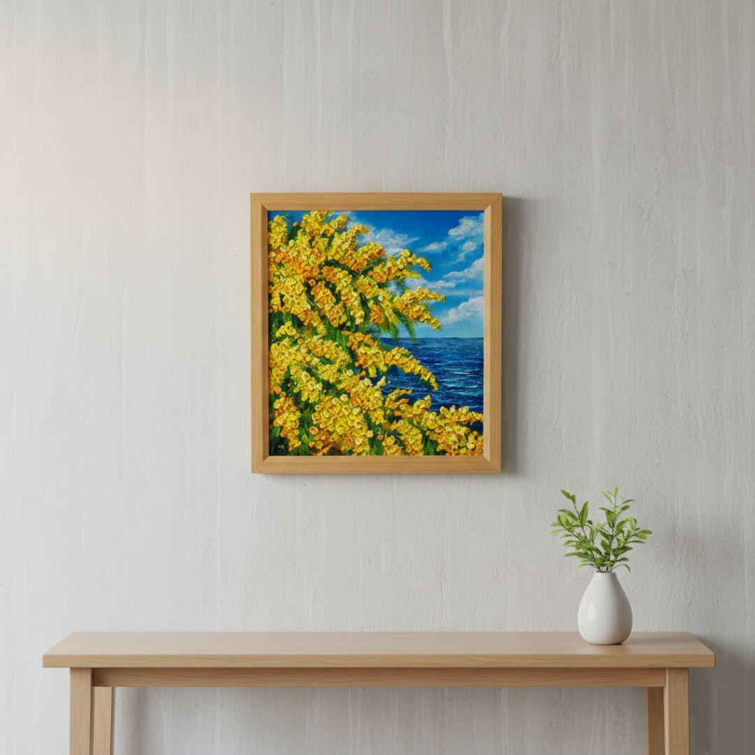 【お客】油絵 絵画【ミモザの海】原画 額縁・ラッピング付 春の風景画