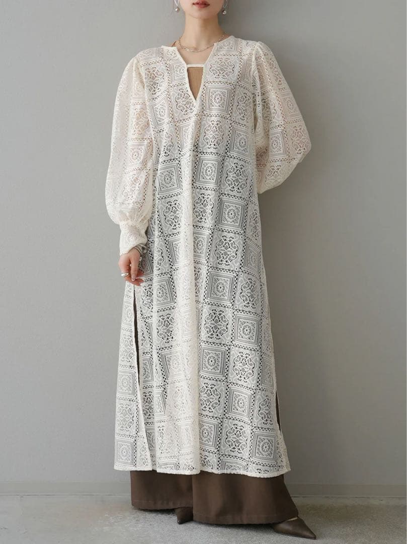 【Lumier】ブロックレースボリュームスリーブワンピース& ワイドパンツ