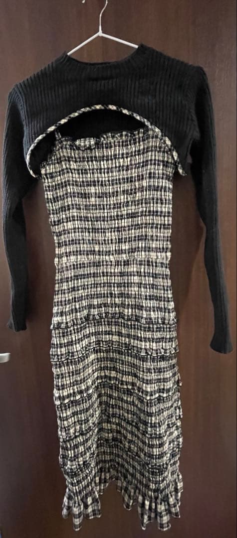 Darich ダーリッチ　ニットレイヤードチェックミディワンピース