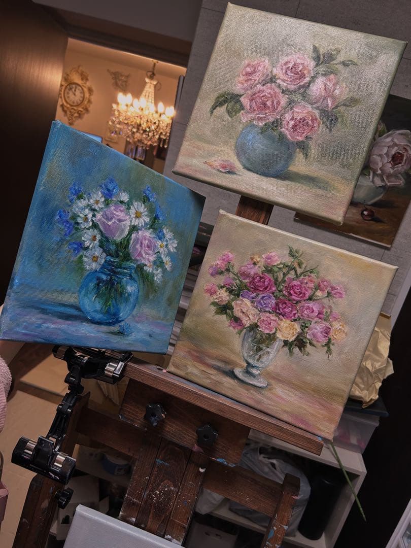 バラの花束 額縁付油彩画 約25cm x 25cm 額縁無し¥5980