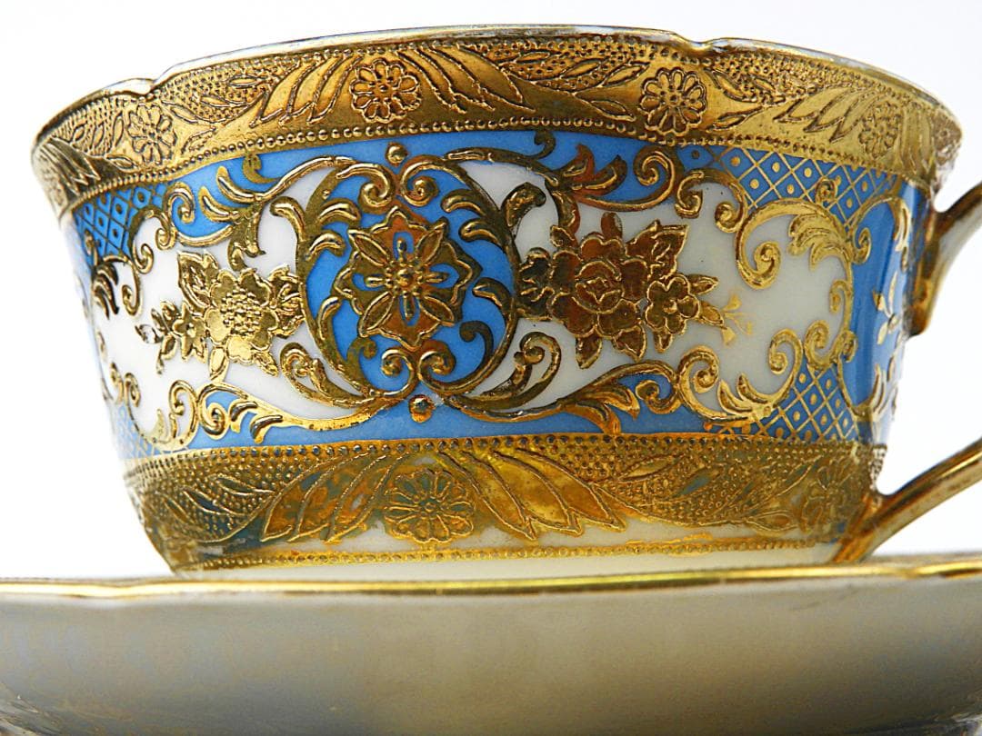 オールドノリタケ 金彩 ターコイズ 薔薇 カップ トリオ