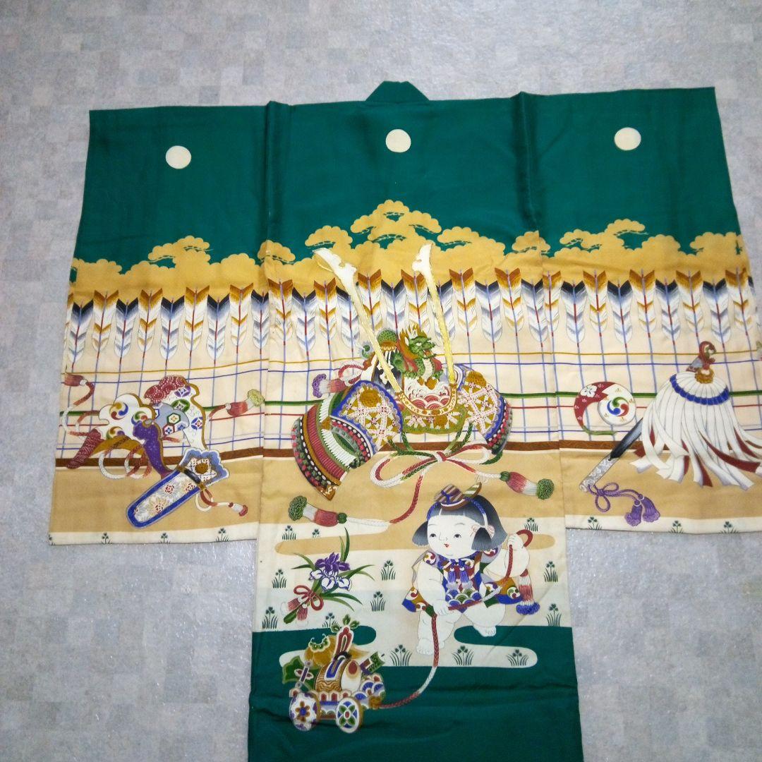 【七五三男の子3～5歳用】正絹着物（長襦袢付き）、ワンタッチ袴セット