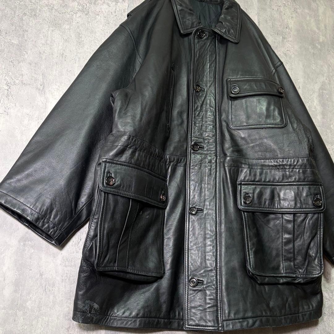極上 肉厚 羊革 レザー カーコート オールブラック 肩パッドなし 本革