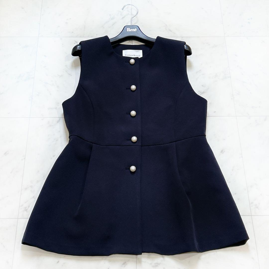 美品 25SS クチュールブローチ ダブルクロスペプラムジレ ハレの日 ネイビー