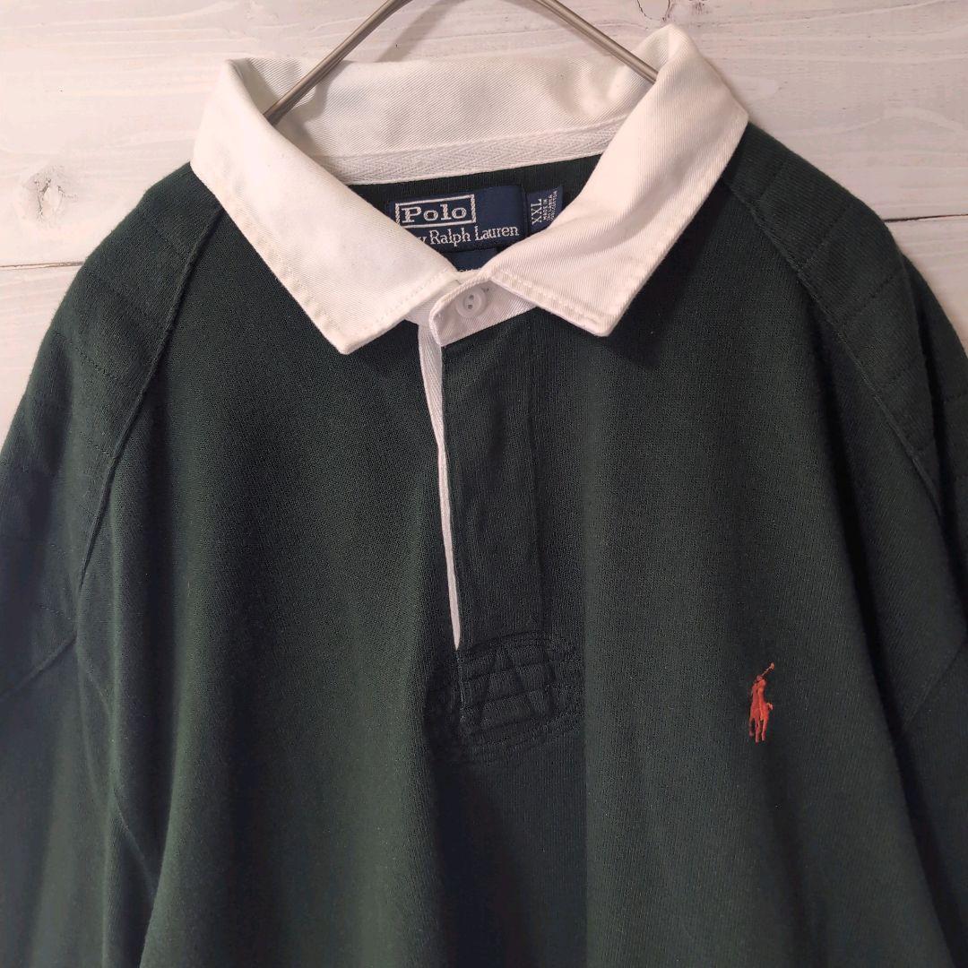 【美品】90Ｓ古着Poloポロラルフローレンラガーシャツ長袖グリーン2XL