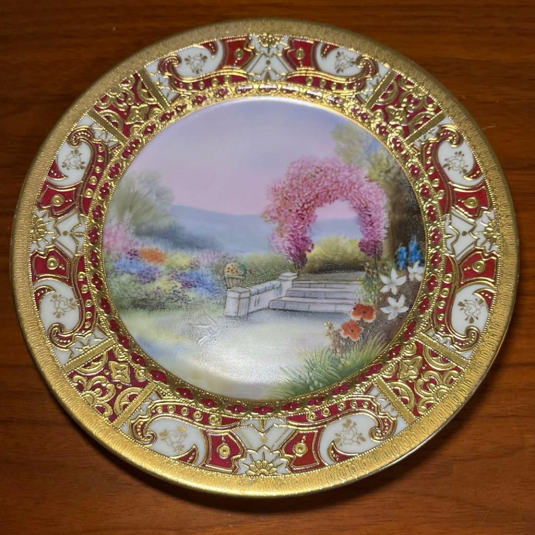 オールドノリタケ マルキ印　金盛り　風景花鳥文皿 里帰り　アンティーク