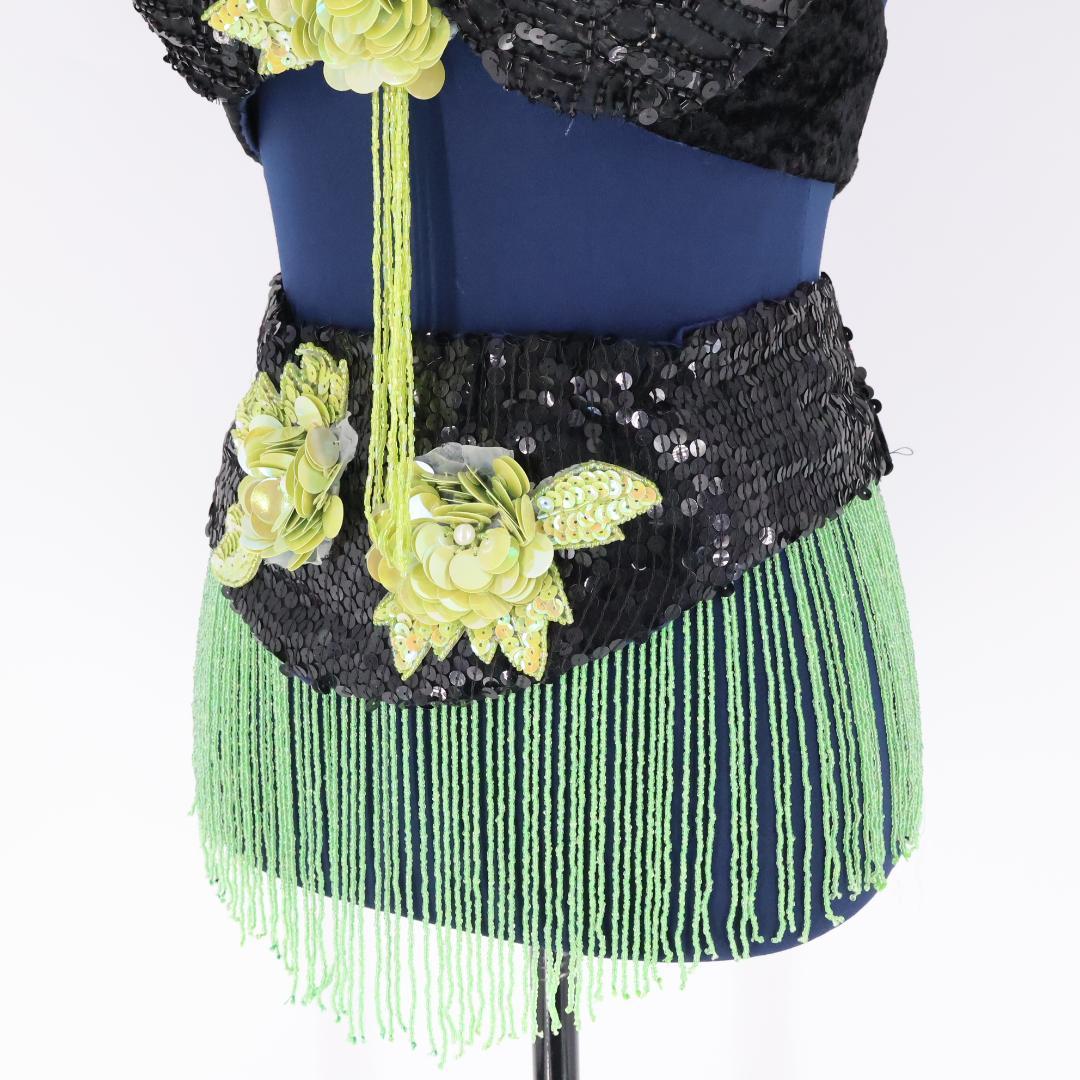 【ベリーダンス用 オリエンタル衣装】ブラック×黄緑色 スパンコールラメ ビーズ