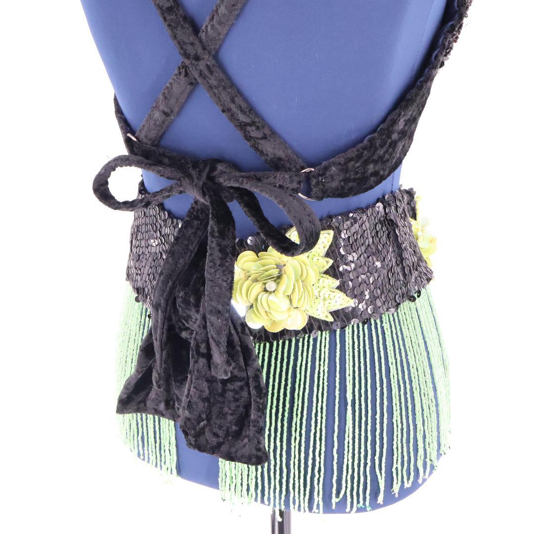 【ベリーダンス用 オリエンタル衣装】ブラック×黄緑色 スパンコールラメ ビーズ