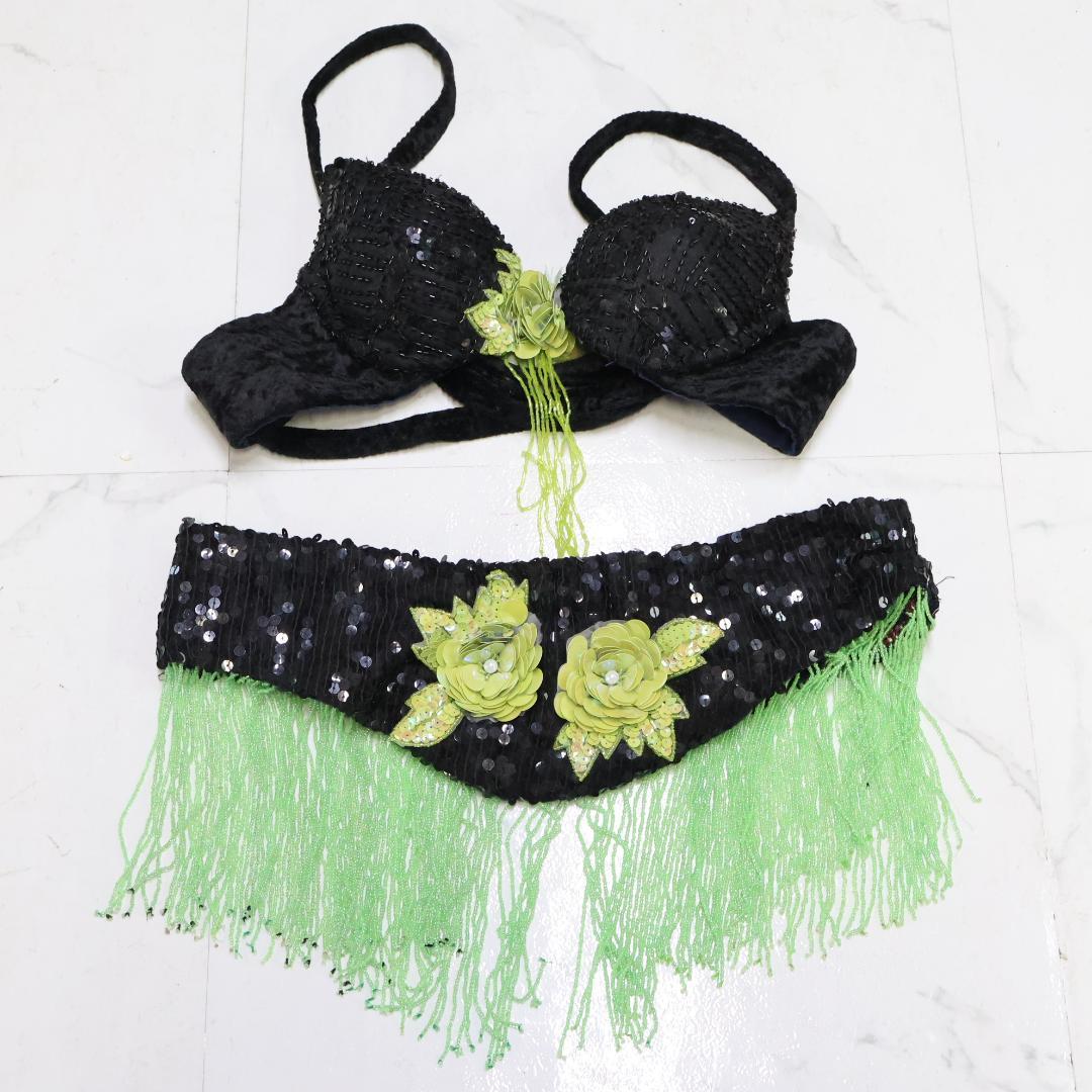 【ベリーダンス用 オリエンタル衣装】ブラック×黄緑色 スパンコールラメ ビーズ