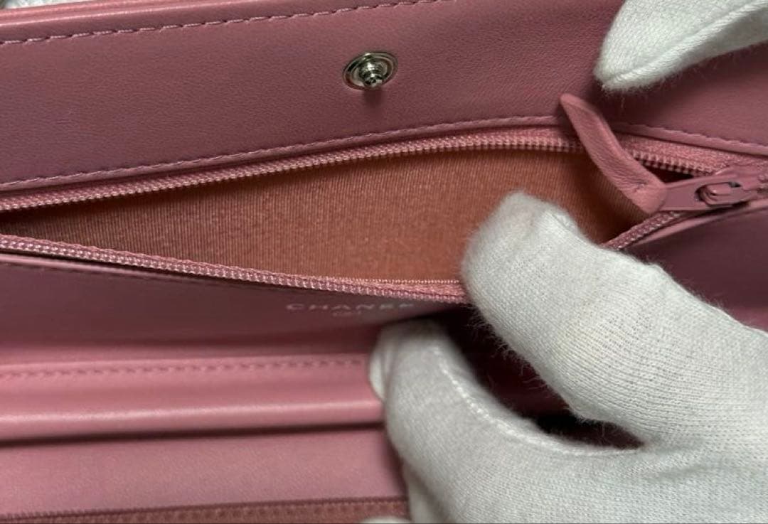 【美品】シャネル ボーイシャネル チェーンウォレット ピンク ラムスキン