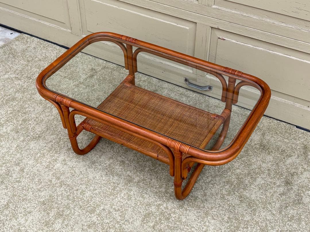 希少 昭和レトロ ラタン ガラステーブル 籐家具 センターテーブル ヴィンテージ
