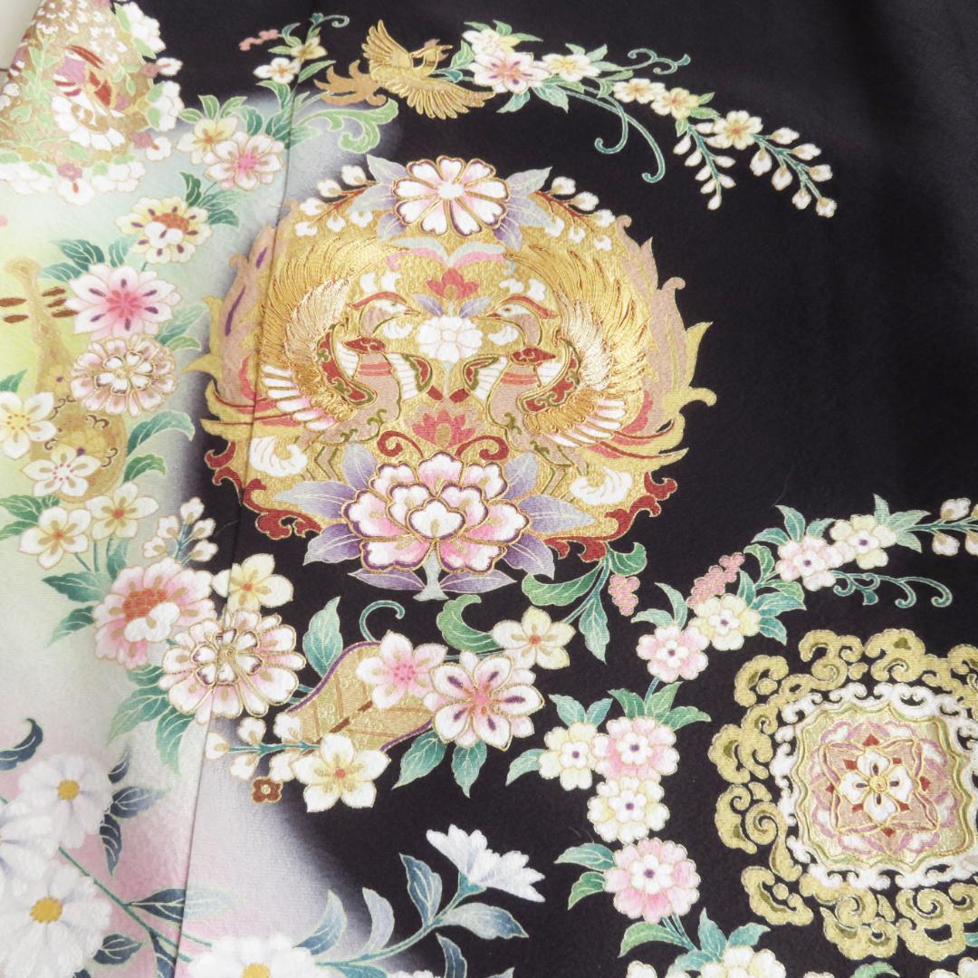 着物リメイク　ワンピース 　黒留袖　駒刺繍　向かい鳥正倉院花文　金彩　ドレス