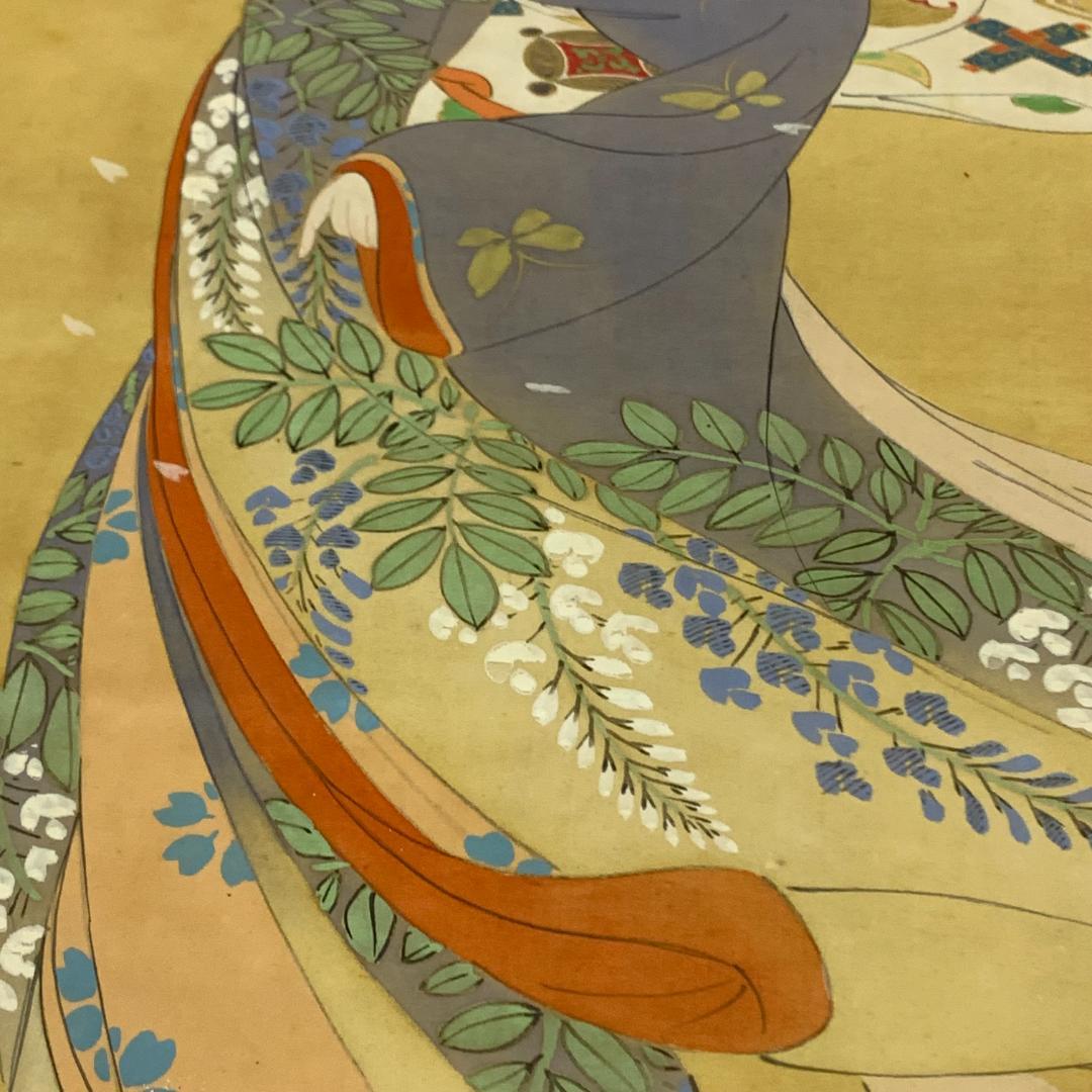 掛軸 井上精香 立姿美人図 落款あり 芸妓 美人画 軸先陶器 彩色画