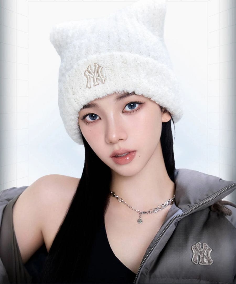 【数時間着用】　MLB KOREA ニット帽　猫耳