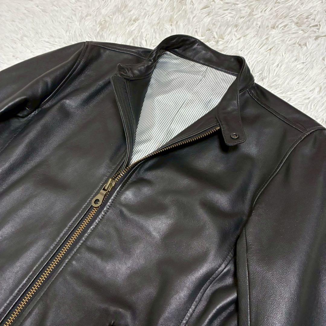 L/ラムレザー⭐️SHIPS ライダースジャケット　裏地ストライプ Wジップ 黒