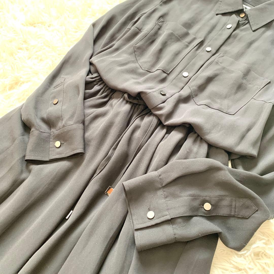 美品✨高級感 ダイアグラム シフォン マキシ丈 シャツワンピース シアー切替 黒