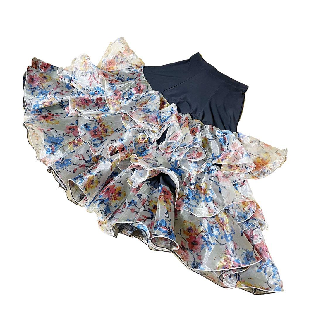 【新品】社交ダンススカート/ラッフルフリルたっぷり/M〜L付近