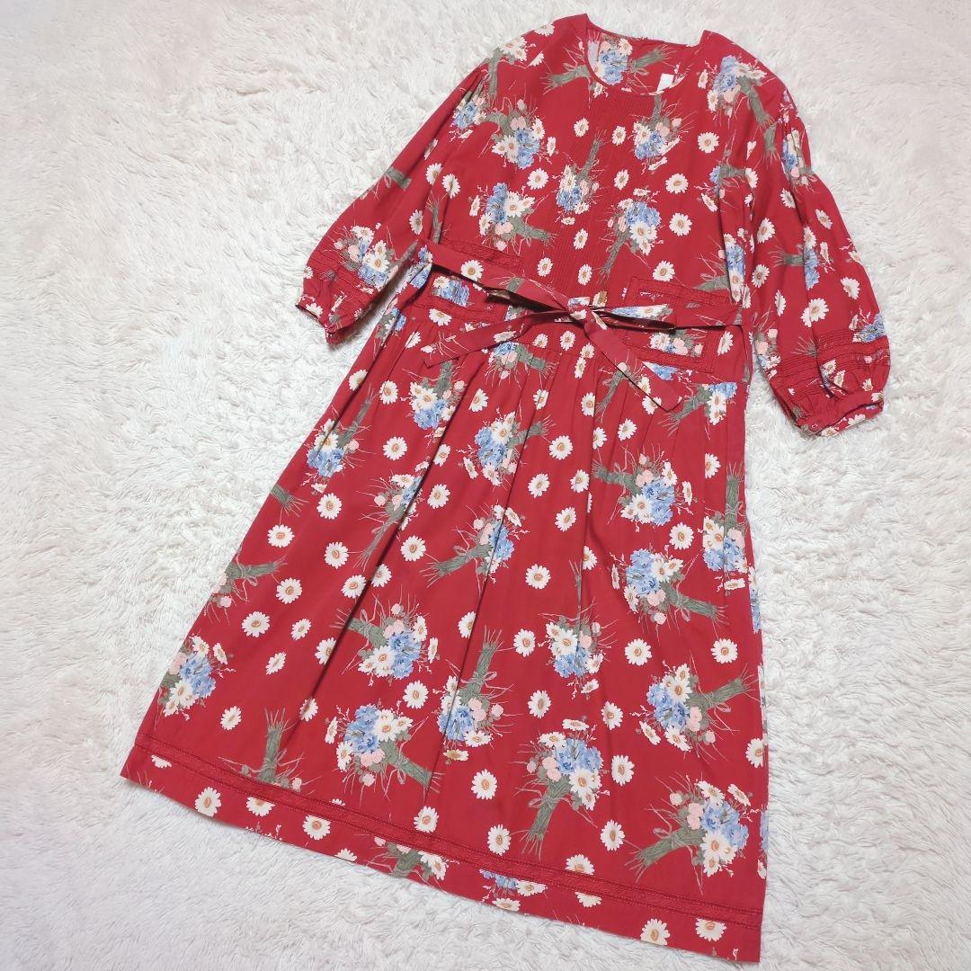 美品！PINK HOUSE　花柄フリルロングワンピース　赤　Aライン