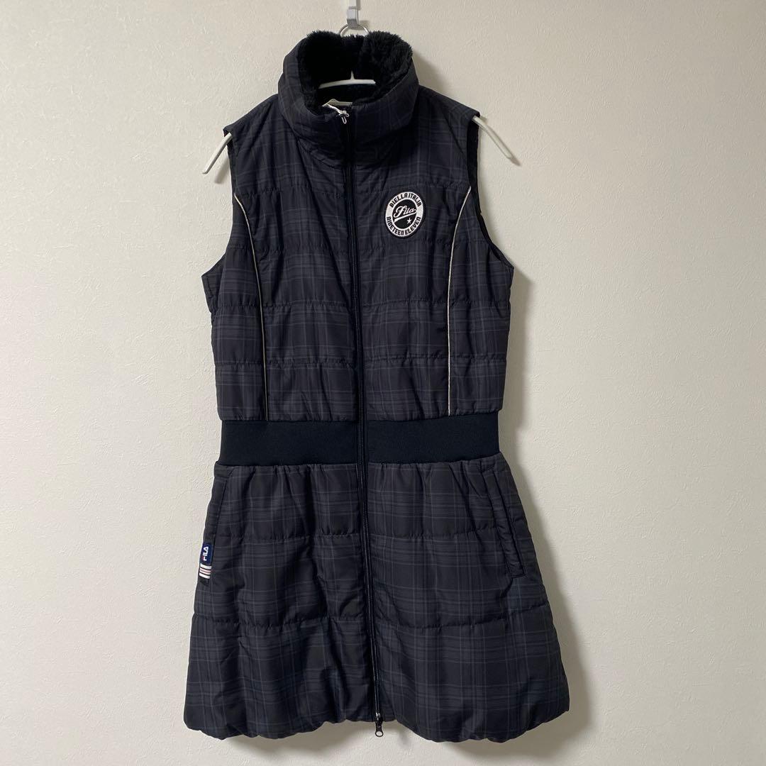 FILA GOLF襟ボアノースリーブワンピース ブラック系チェック柄