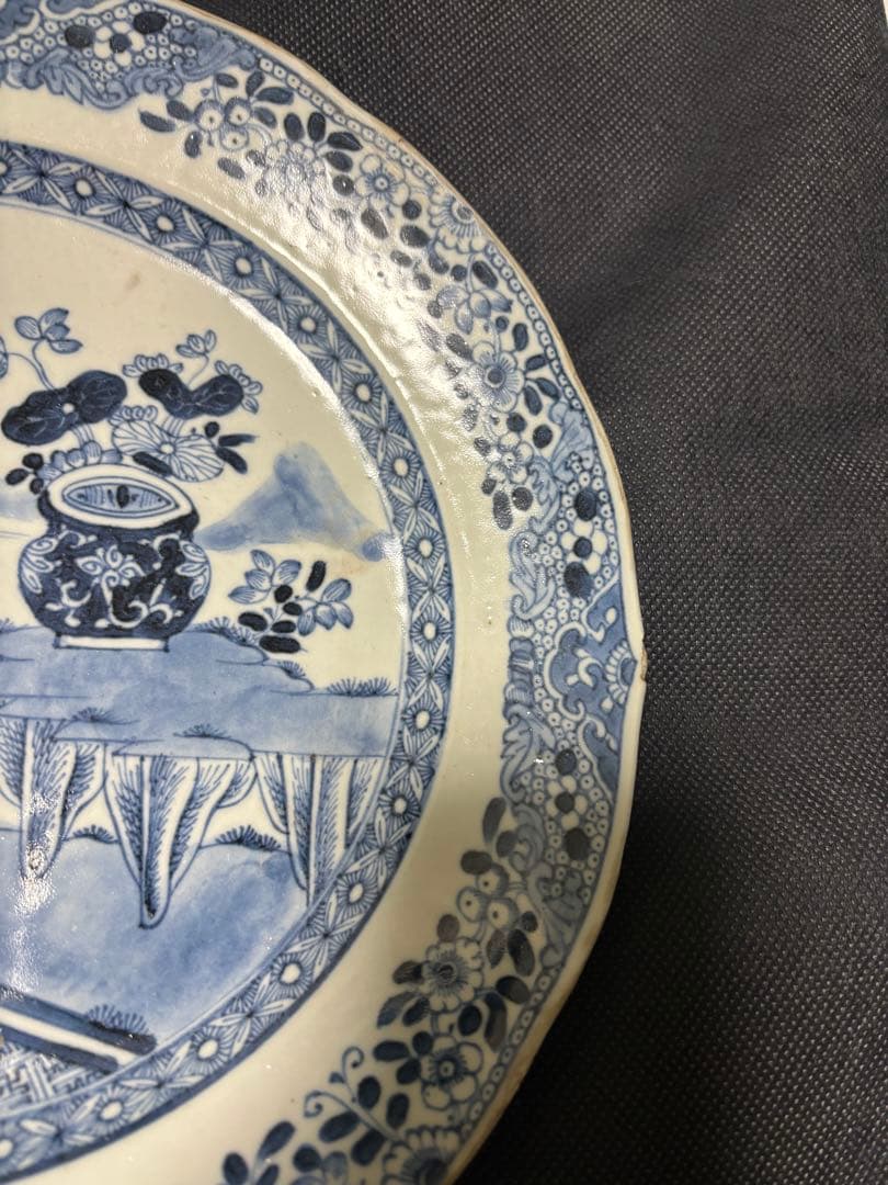 中国古美術 清の乾隆時代 青花　山水風景　大皿25cm　染付