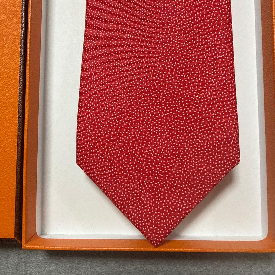 美品　エルメス　ネクタイ　赤　ピンドット　シルクジャガード　派手　結婚式