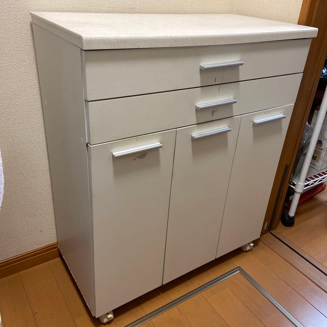 山善 人工大理石キッチンカウンター　ダストボックス3個&キャスター付