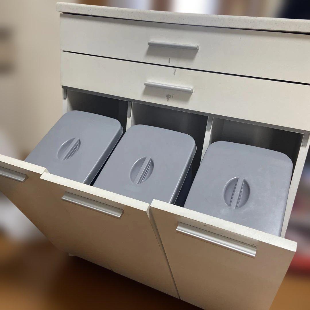 山善 人工大理石キッチンカウンター　ダストボックス3個&キャスター付