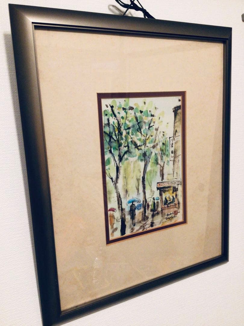 ◉真作保証◉洋画家・菅原洸人◉雨の鋪道(パリ)◉水彩画P4号◉師小磯良平◉額付き