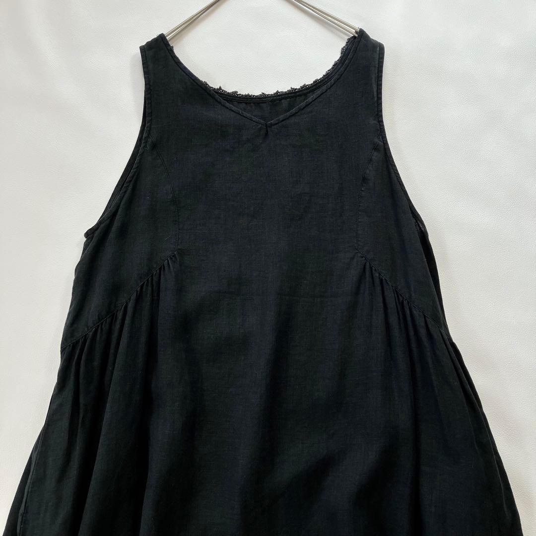 ネストローブ　ブラックリネン　ノースリーブワンピース レーストリム　前後2way